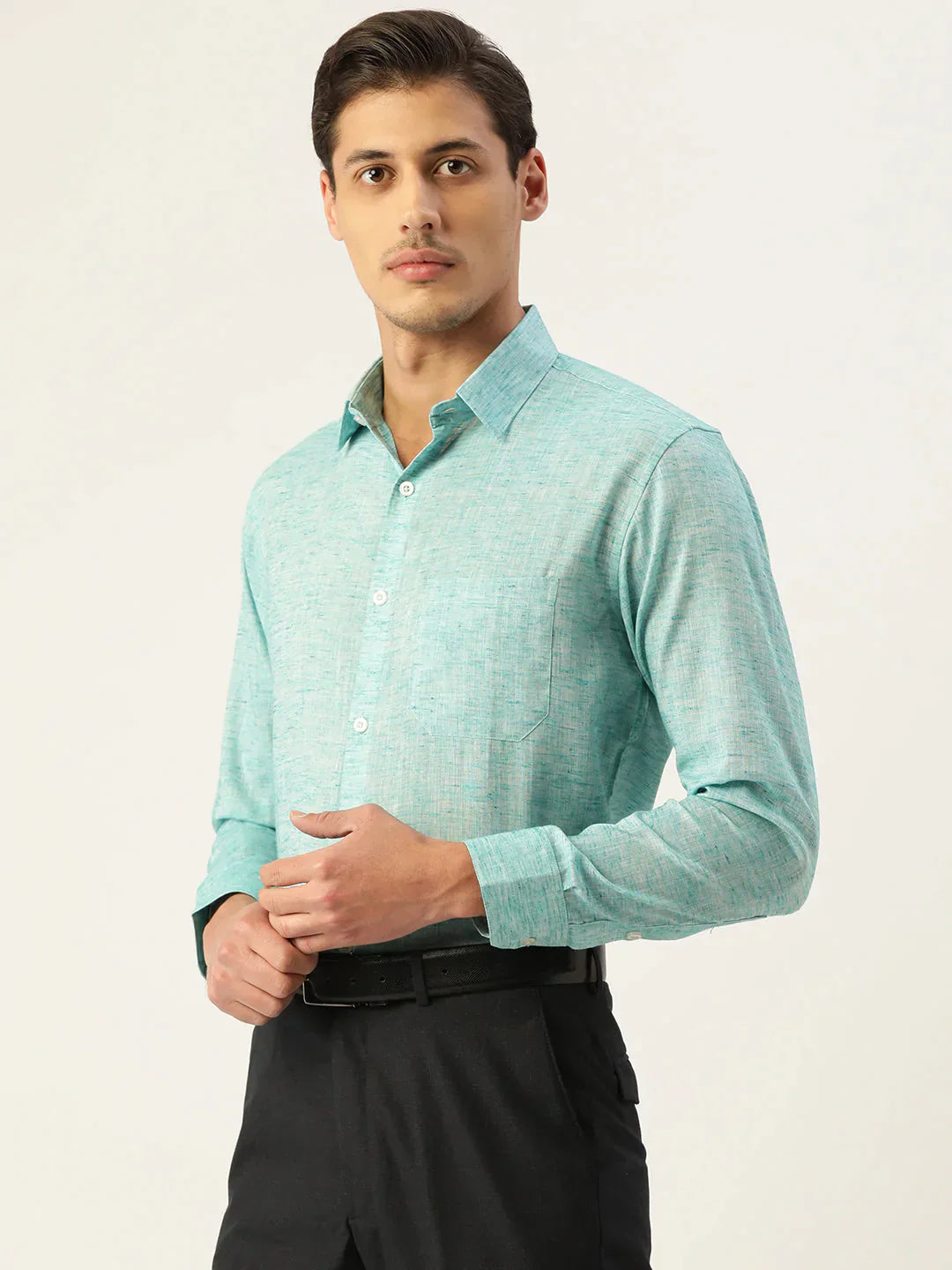 Men's Green Solid Cotton Formal Shirt - Taantav