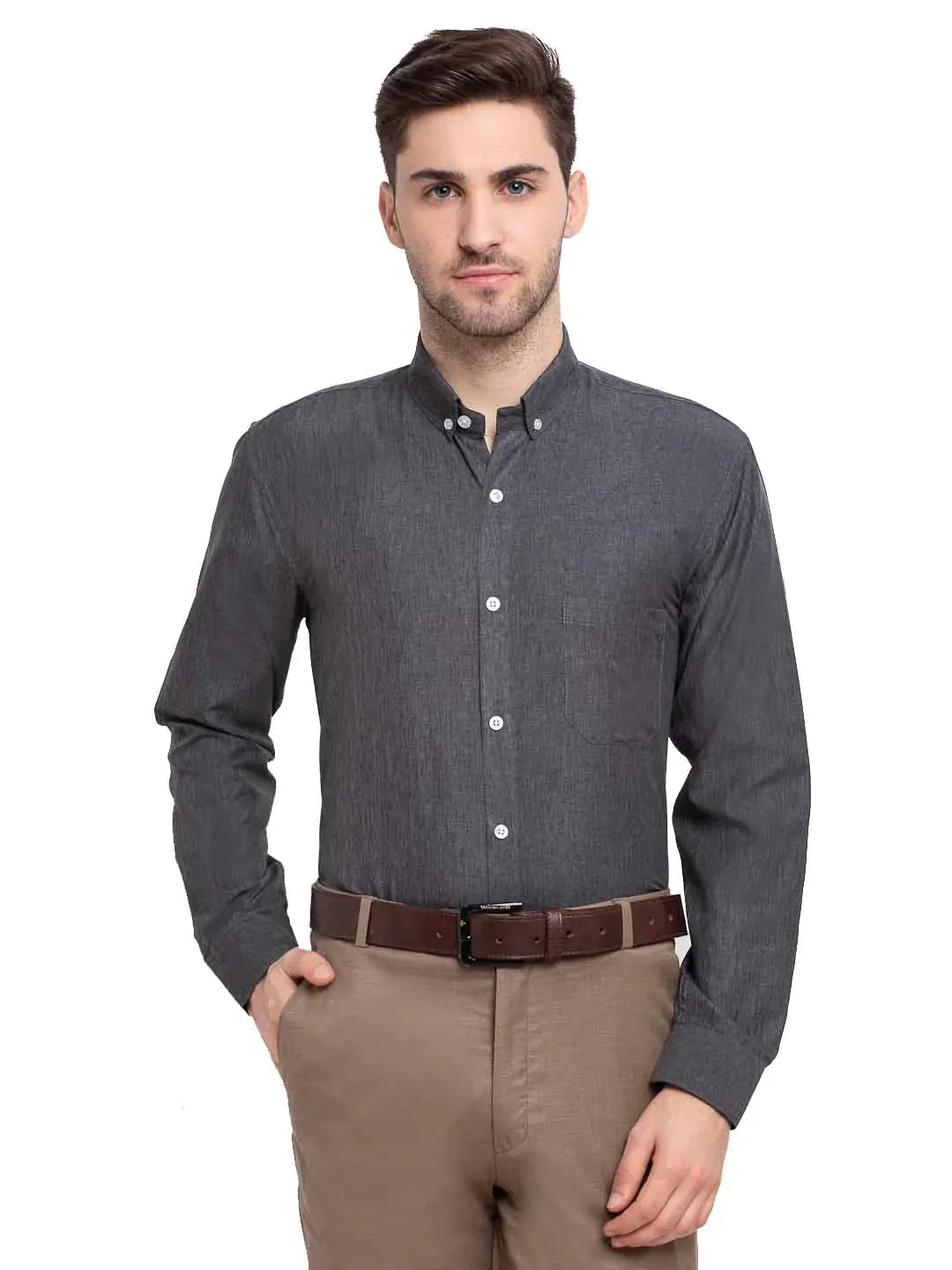 Men's Grey Melange Button Down Collar Cotton Formal Shirt - Taantav