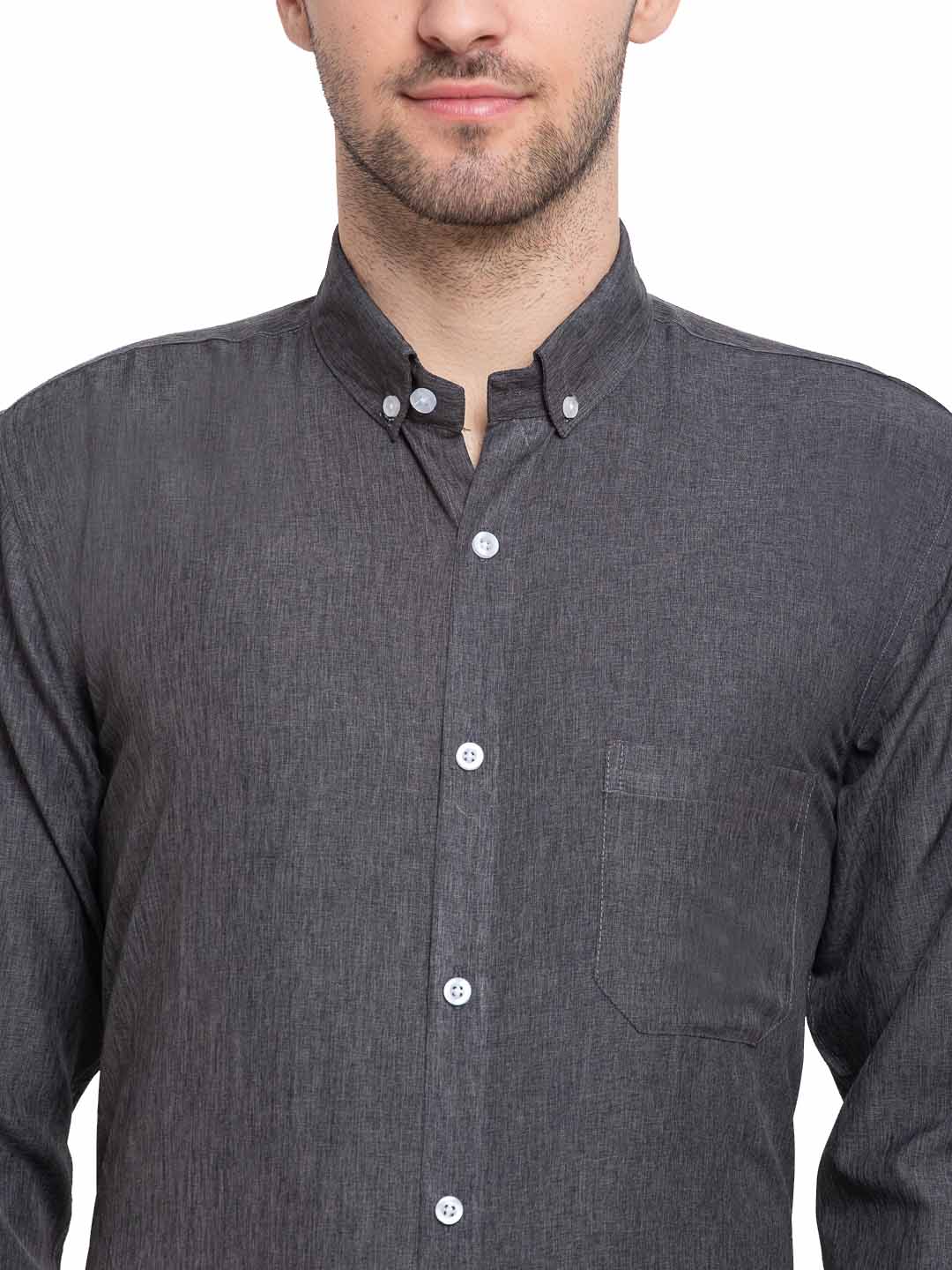 Men's Grey Melange Button Down Collar Cotton Formal Shirt - Taantav