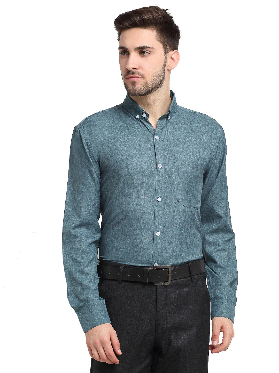 Men's Grey Melange Button Down Collar Cotton Formal Shirt - Taantav