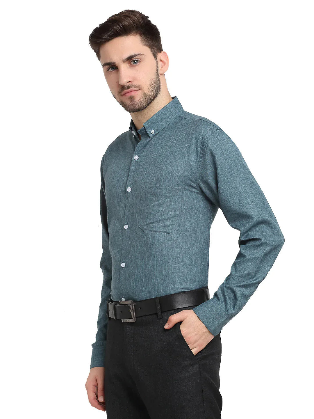 Men's Grey Melange Button Down Collar Cotton Formal Shirt - Taantav