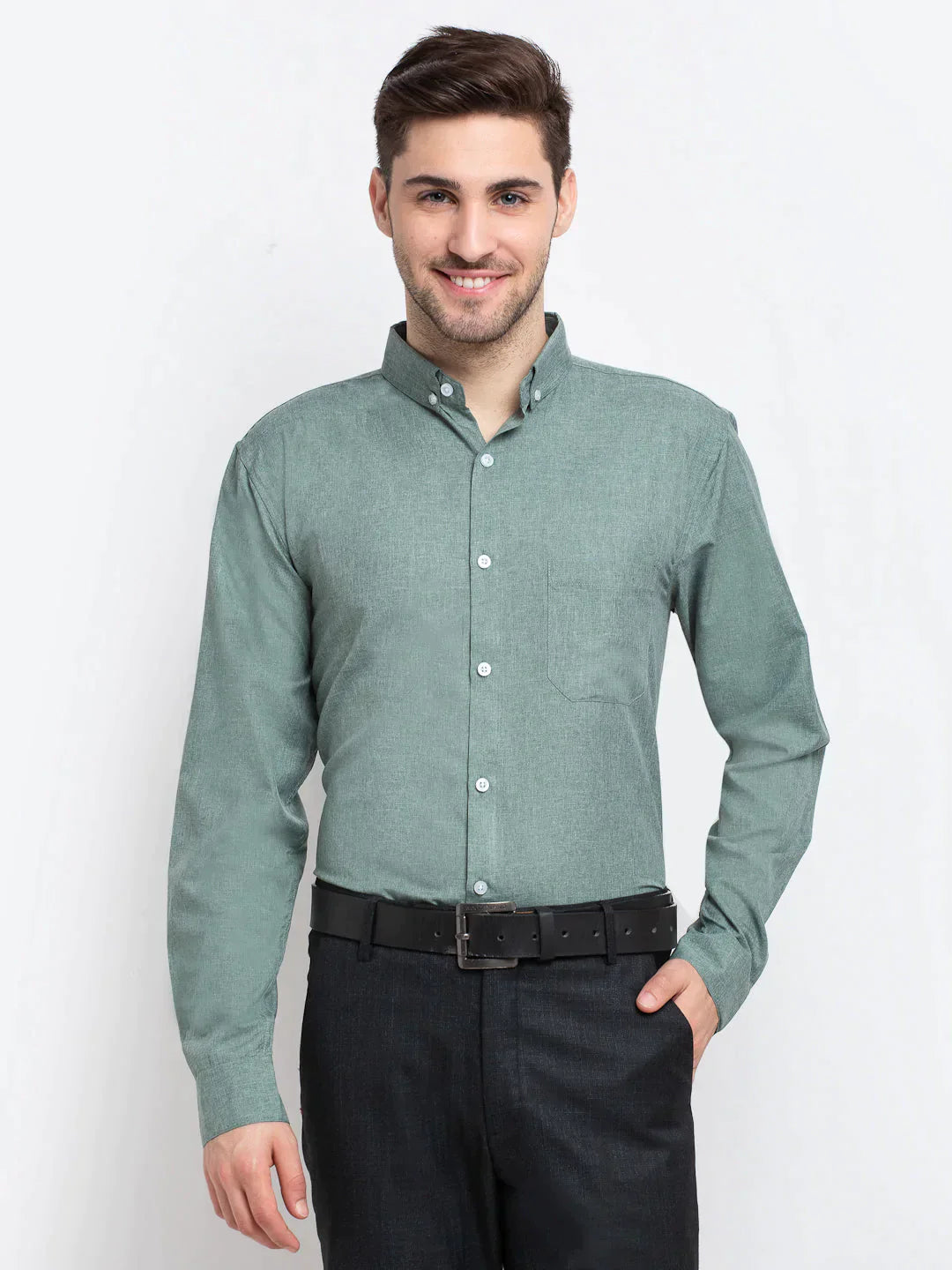 Men's Green Button Down Collar Cotton Formal Shirt - Taantav