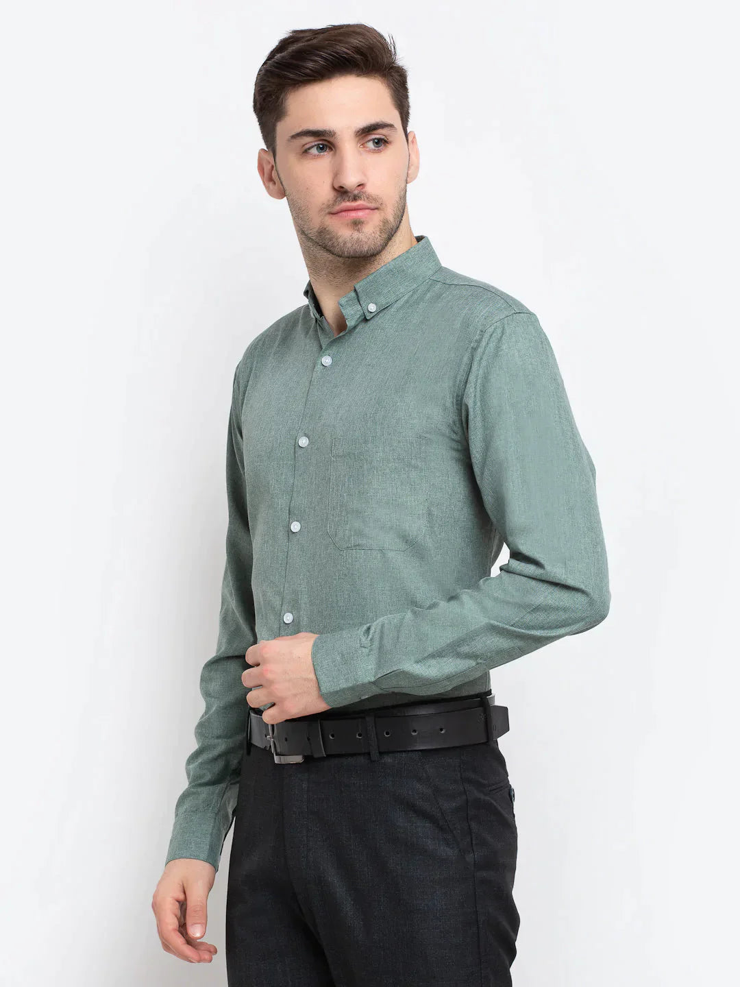 Men's Green Button Down Collar Cotton Formal Shirt - Taantav