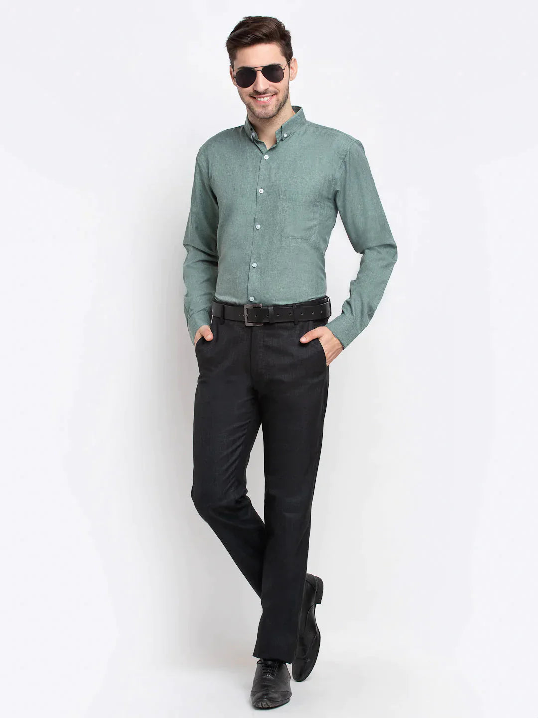 Men's Green Button Down Collar Cotton Formal Shirt - Taantav