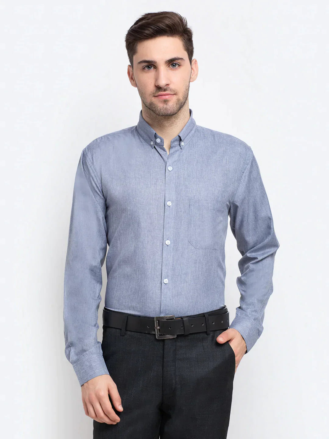 Men's Grey Button Down Collar Cotton Formal Shirt - Taantav