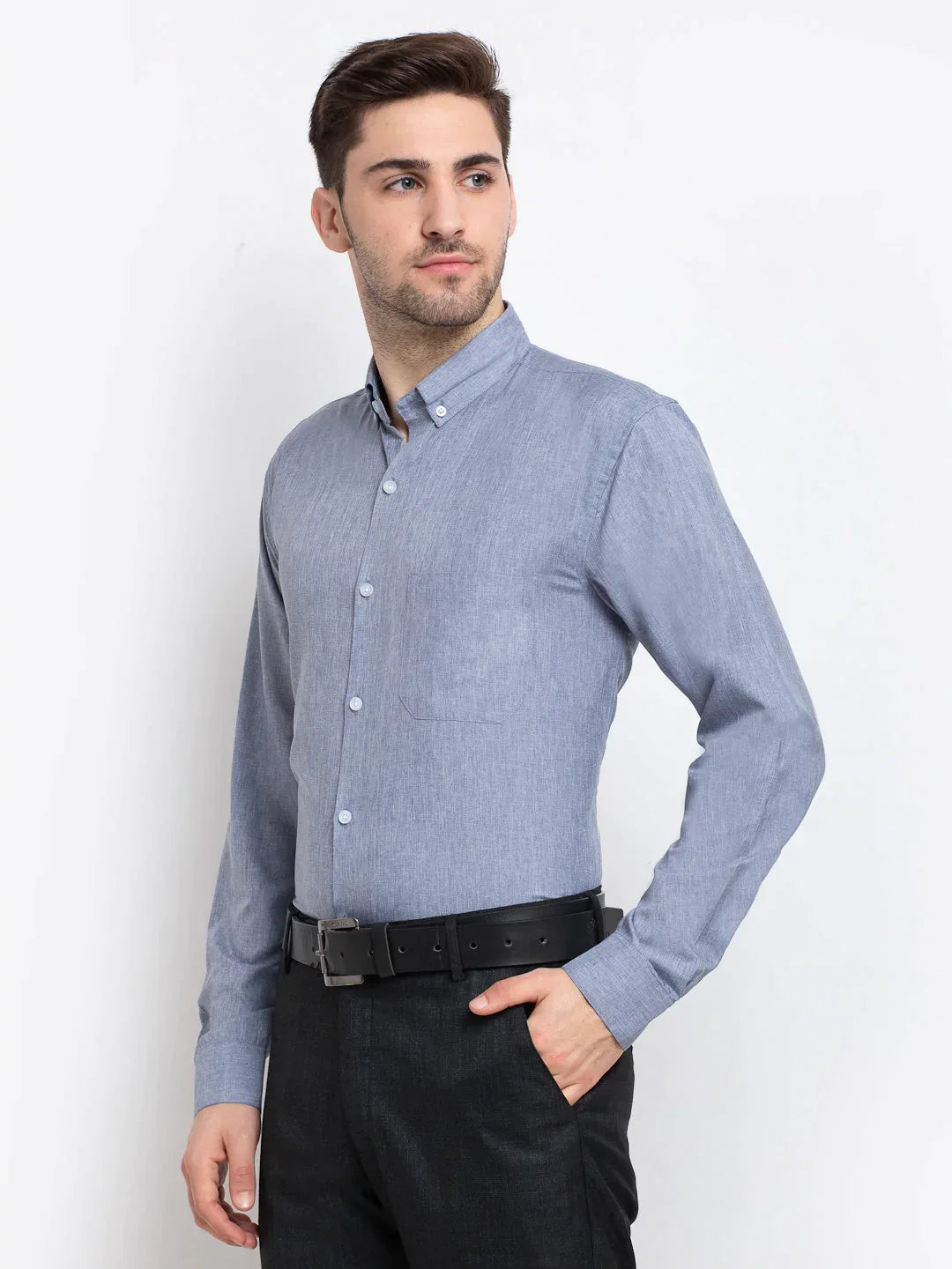 Men's Grey Button Down Collar Cotton Formal Shirt - Taantav