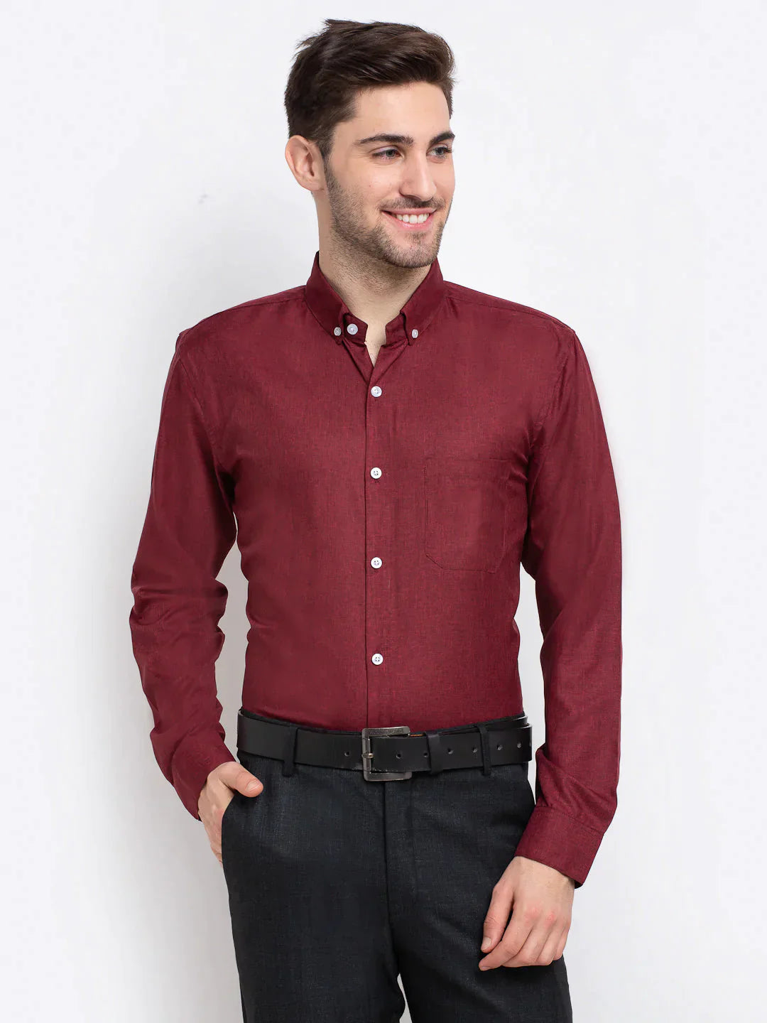 Men's Maroon Button Down Collar Cotton Formal Shirt - Taantav