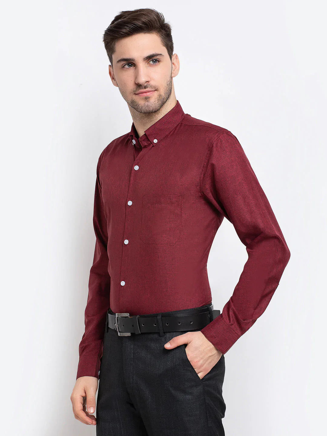 Men's Maroon Button Down Collar Cotton Formal Shirt - Taantav