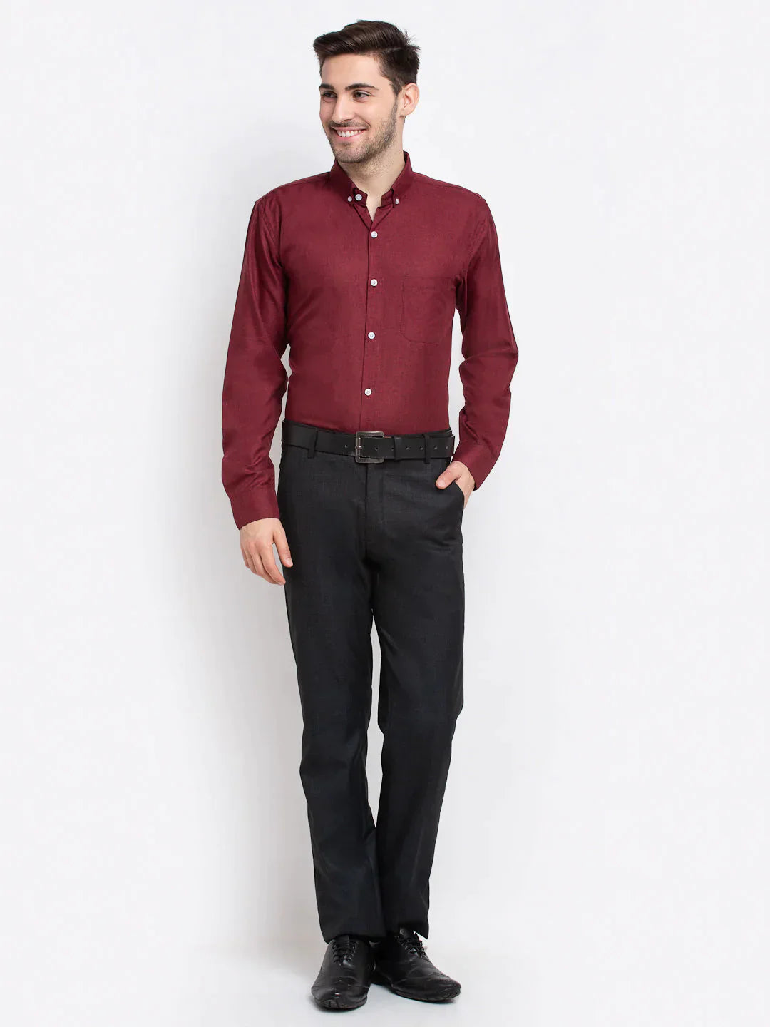 Men's Maroon Button Down Collar Cotton Formal Shirt - Taantav