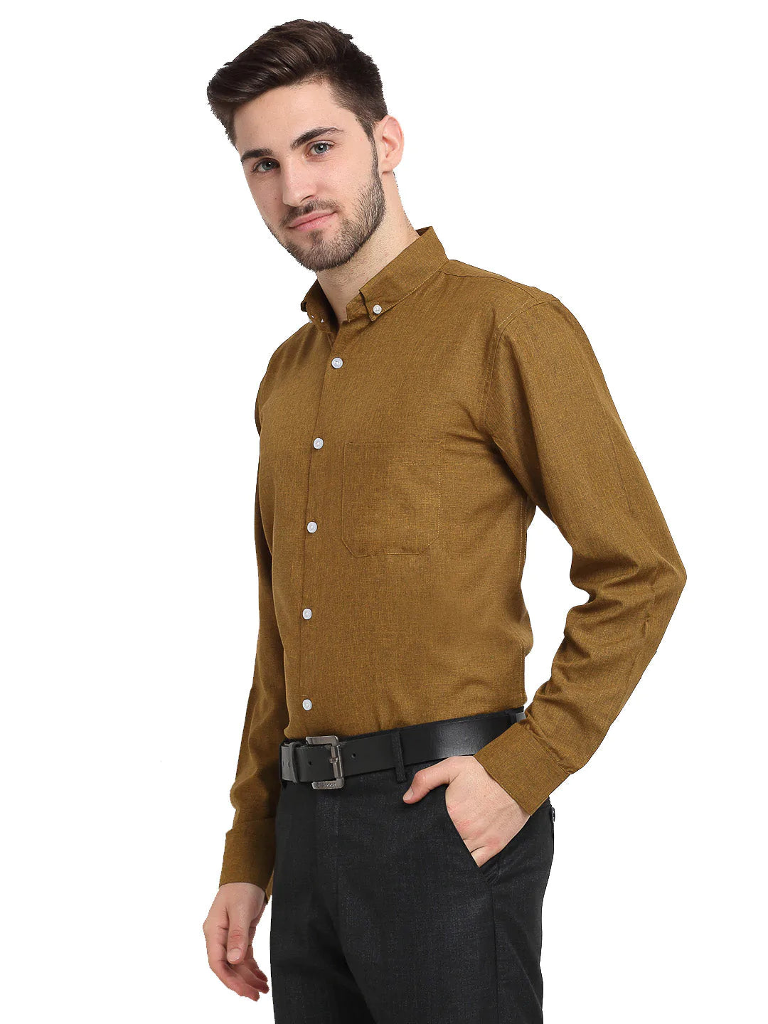 Men's Olive Button Down Collar Cotton Formal Shirt - Taantav