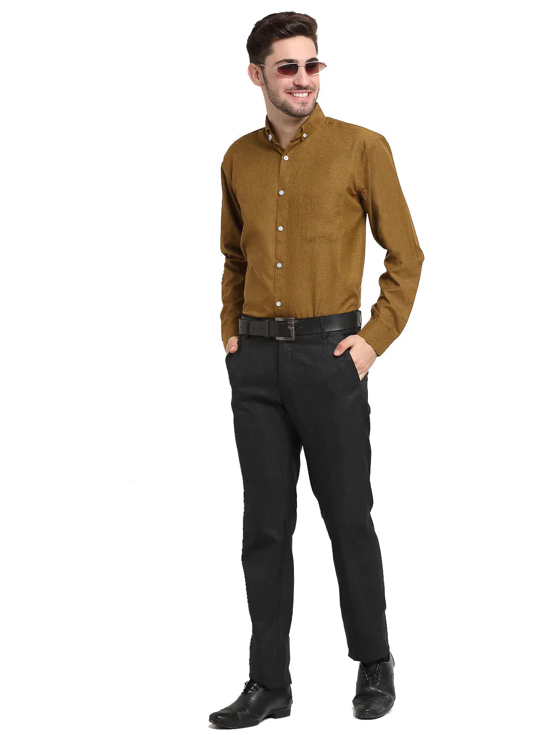 Men's Olive Button Down Collar Cotton Formal Shirt - Taantav