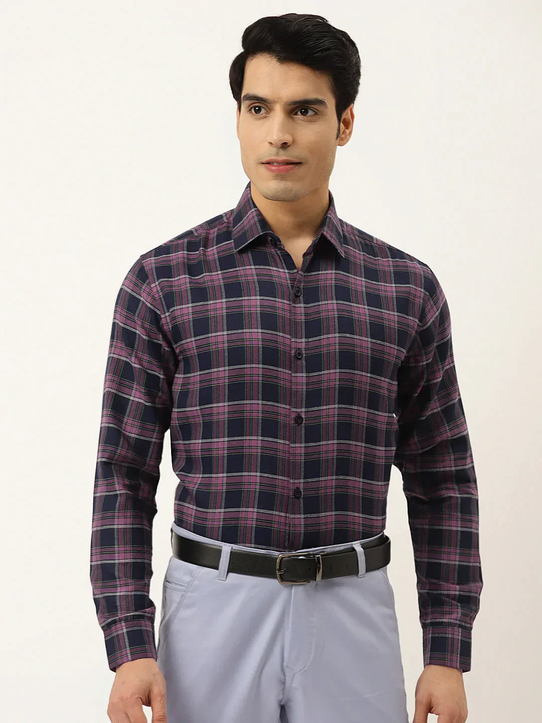 Men's Pink Formal Cotton Checked Shirt - Taantav