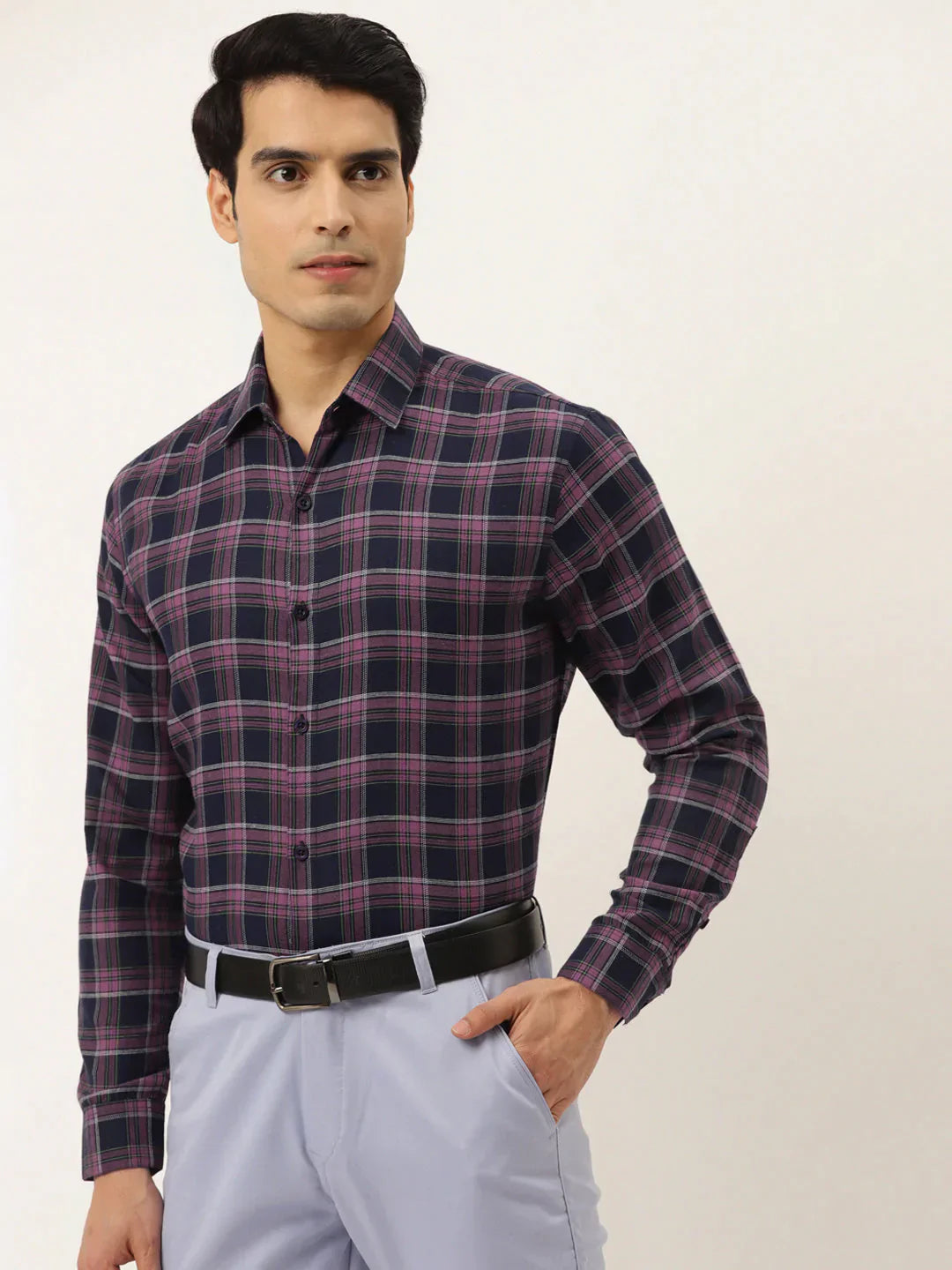 Men's Pink Formal Cotton Checked Shirt - Taantav