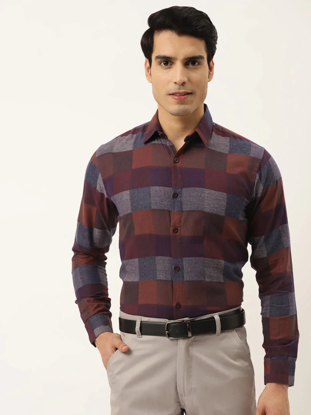 Men's Brown Formal Cotton Checked Shirt - Taantav