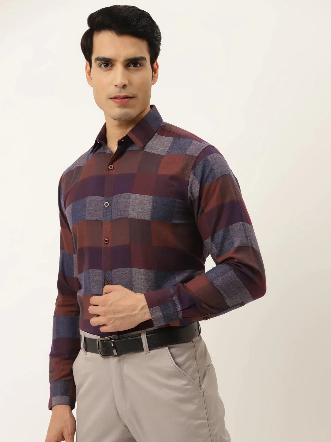 Men's Brown Formal Cotton Checked Shirt - Taantav