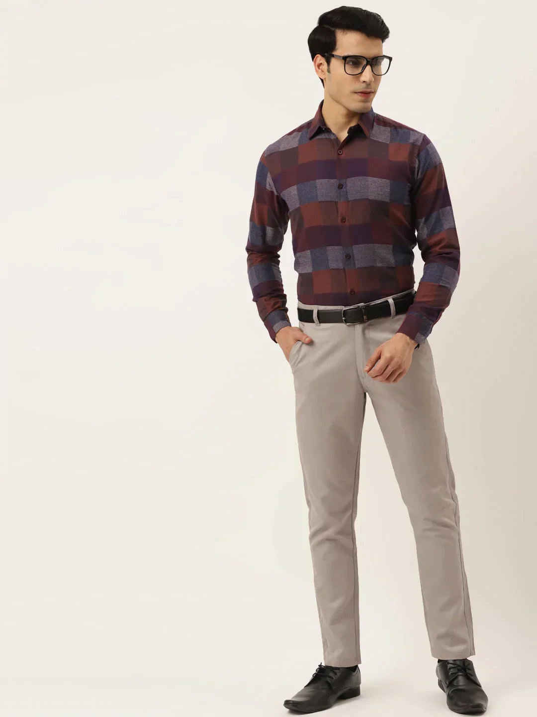 Men's Brown Formal Cotton Checked Shirt - Taantav