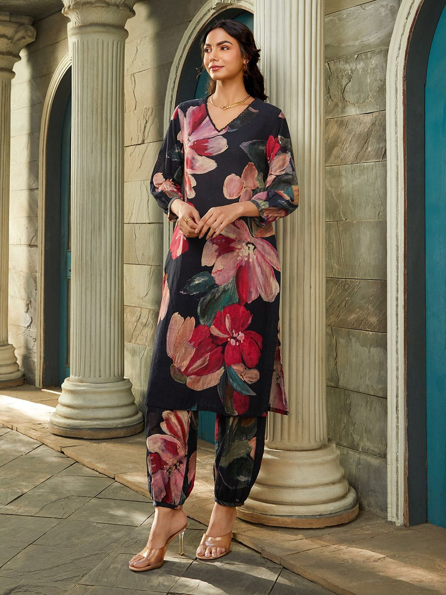Women's Black Pc Cotton Print With Embroidery Lace Kurta Set – Trendia