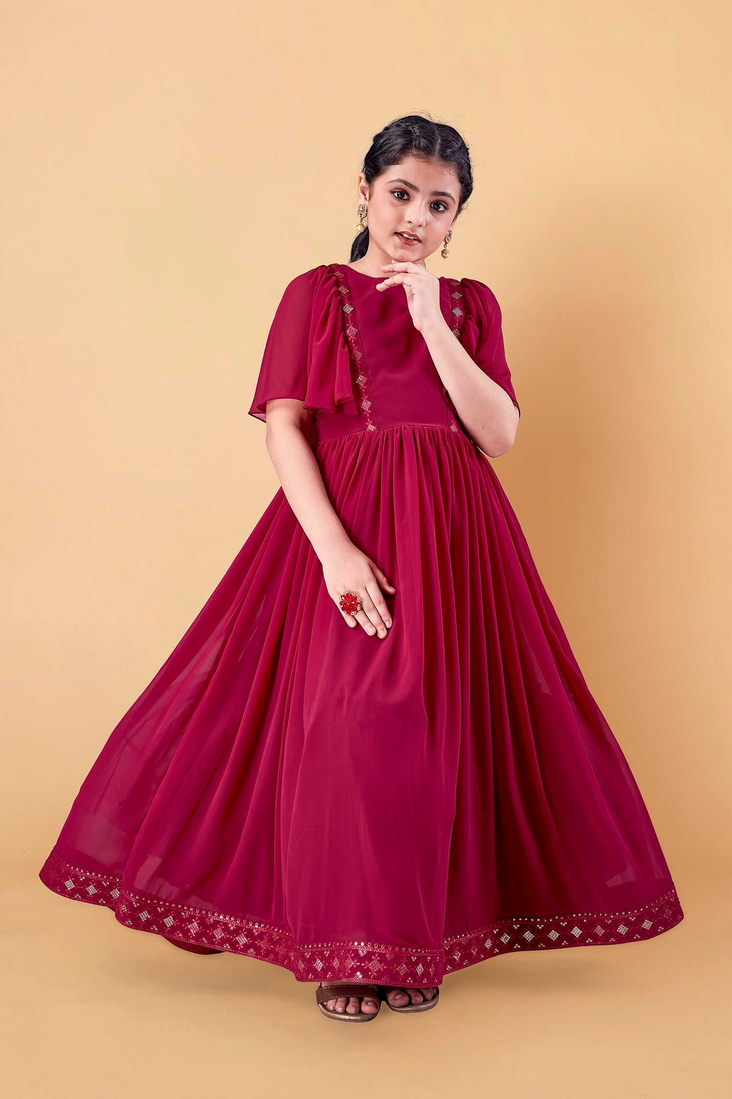 Girl's Georgette Maxi Length Embroidered Dress - Fashion Dream