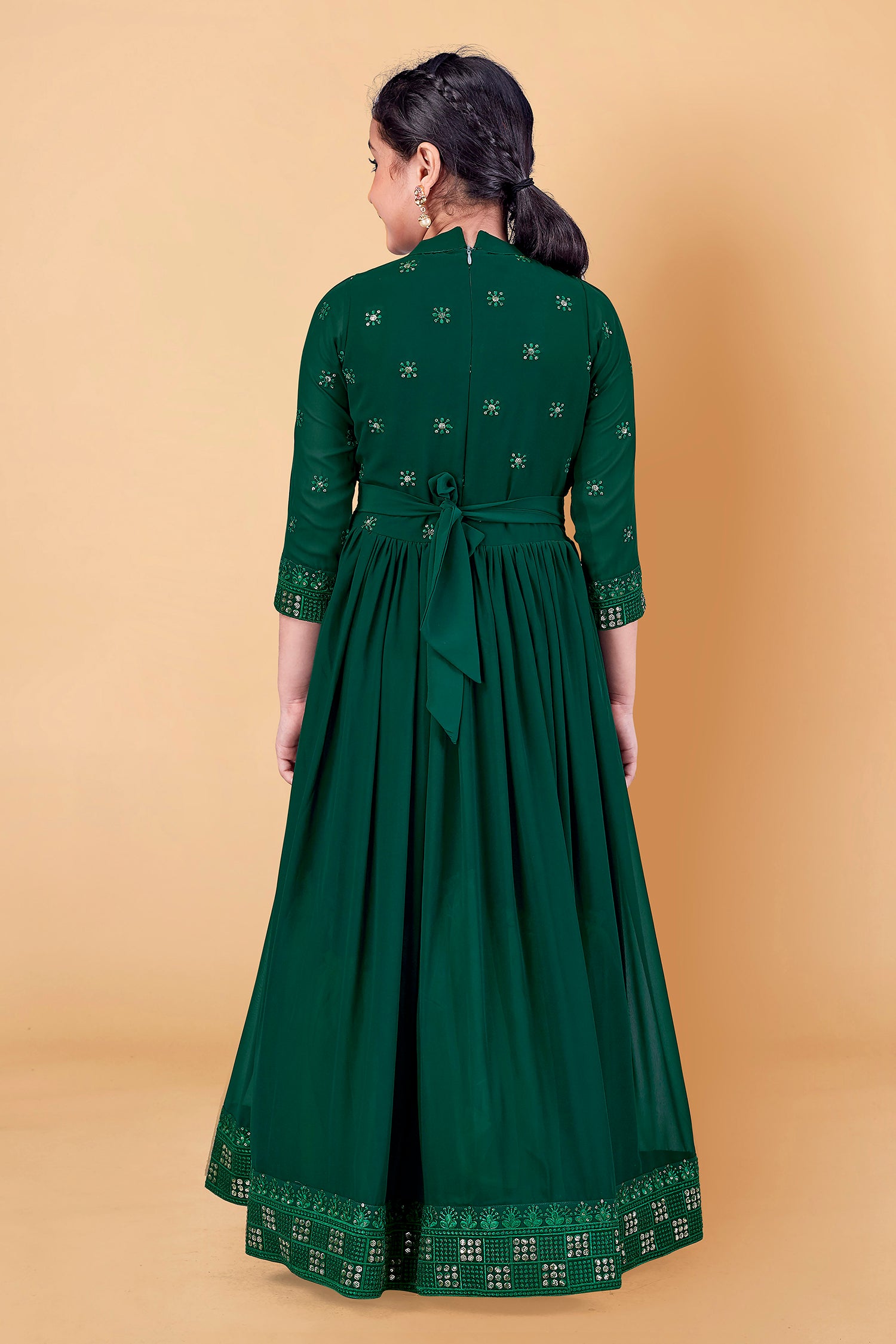 Girl's Georgette Dark Green Maxi Length Embroidered Dress - Fashion Dream