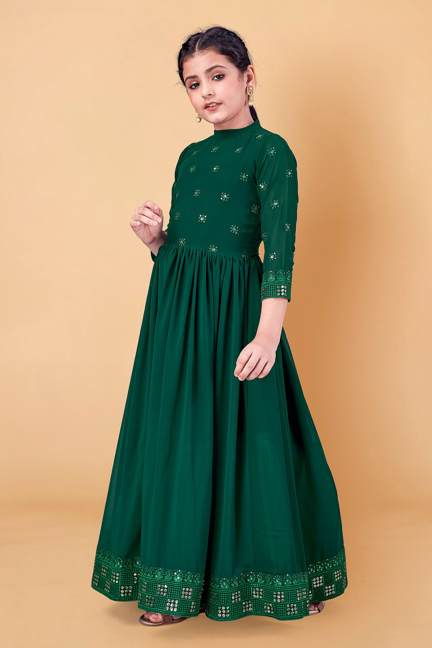 Girl's Georgette Dark Green Maxi Length Embroidered Dress - Fashion Dream