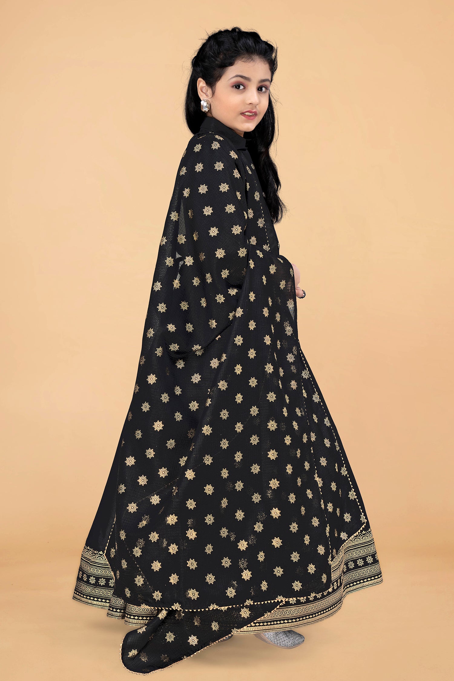 Girl's Maxi Length Foil Printed Dress With Dupatta - Fashion Dream