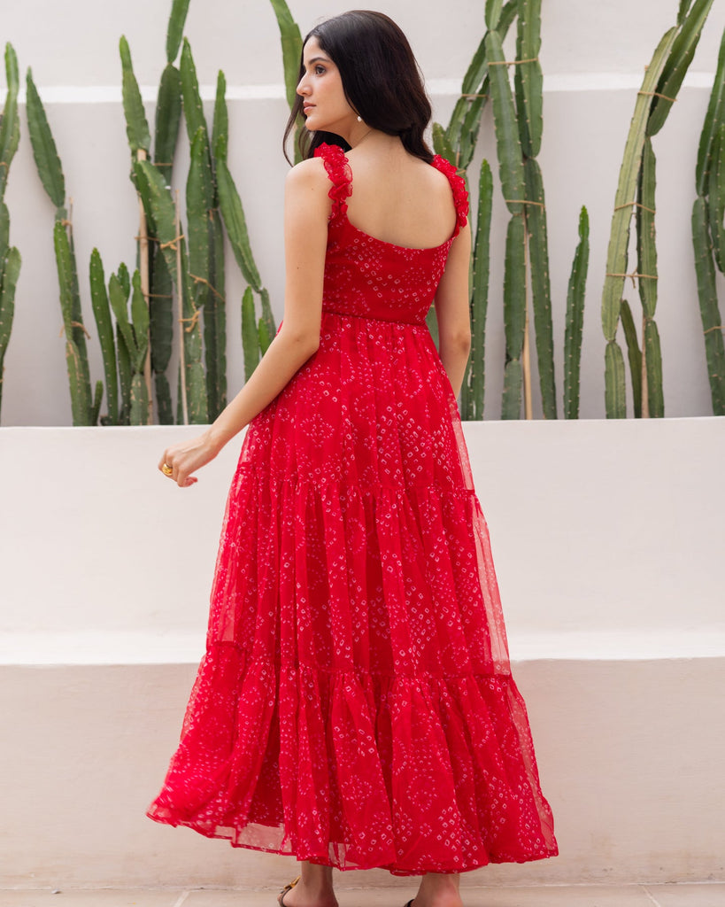 Women's Red Chiffon Bandhej Print Long Gown