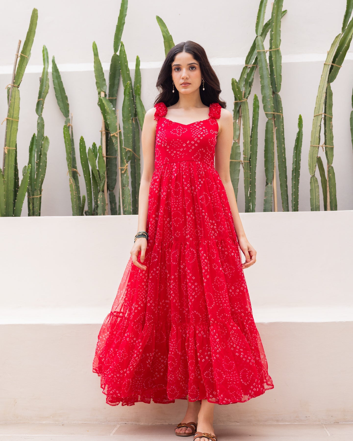 Women's Red Chiffon Bandhej Print Long Gown