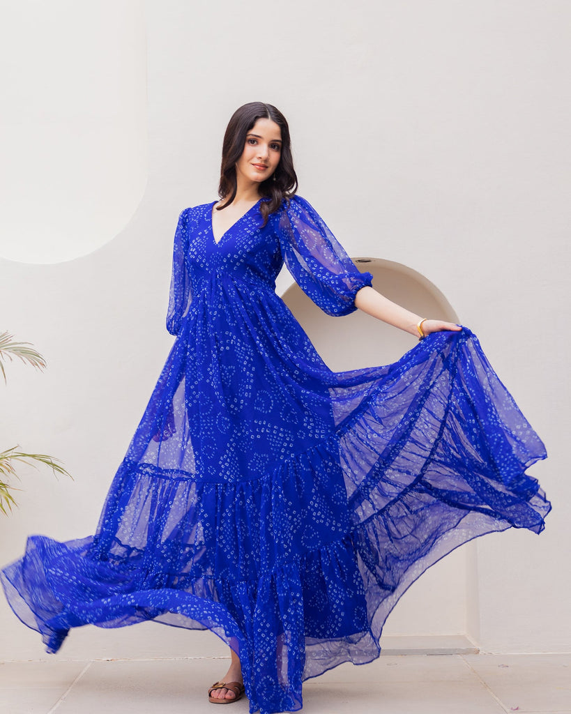 Women's Blue Chiffon Bandhej Print Long Gown