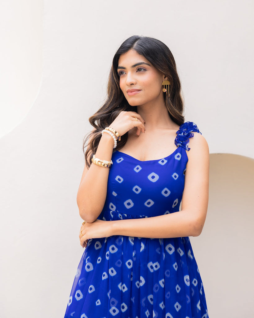 Women's Blue Chiffon Bandhej Print Long Gown