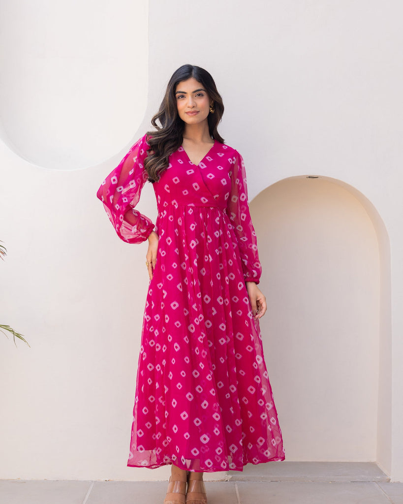Women's Pink Chiffon Bandhej Print Long Gown