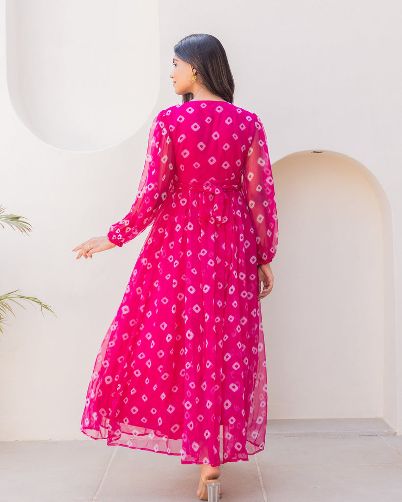 Women's Pink Chiffon Bandhej Print Long Gown
