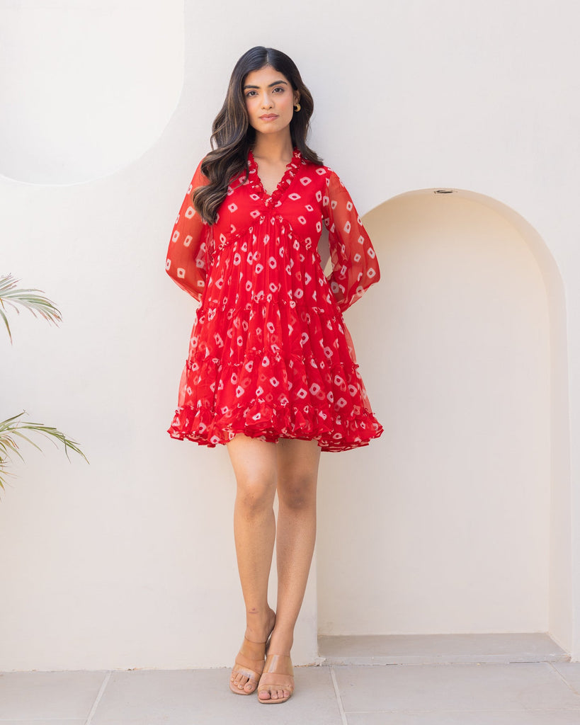 Women's Red Chiffon Bandhej Print Short Dress