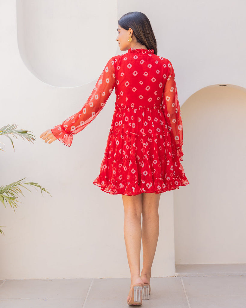Women's Red Chiffon Bandhej Print Short Dress