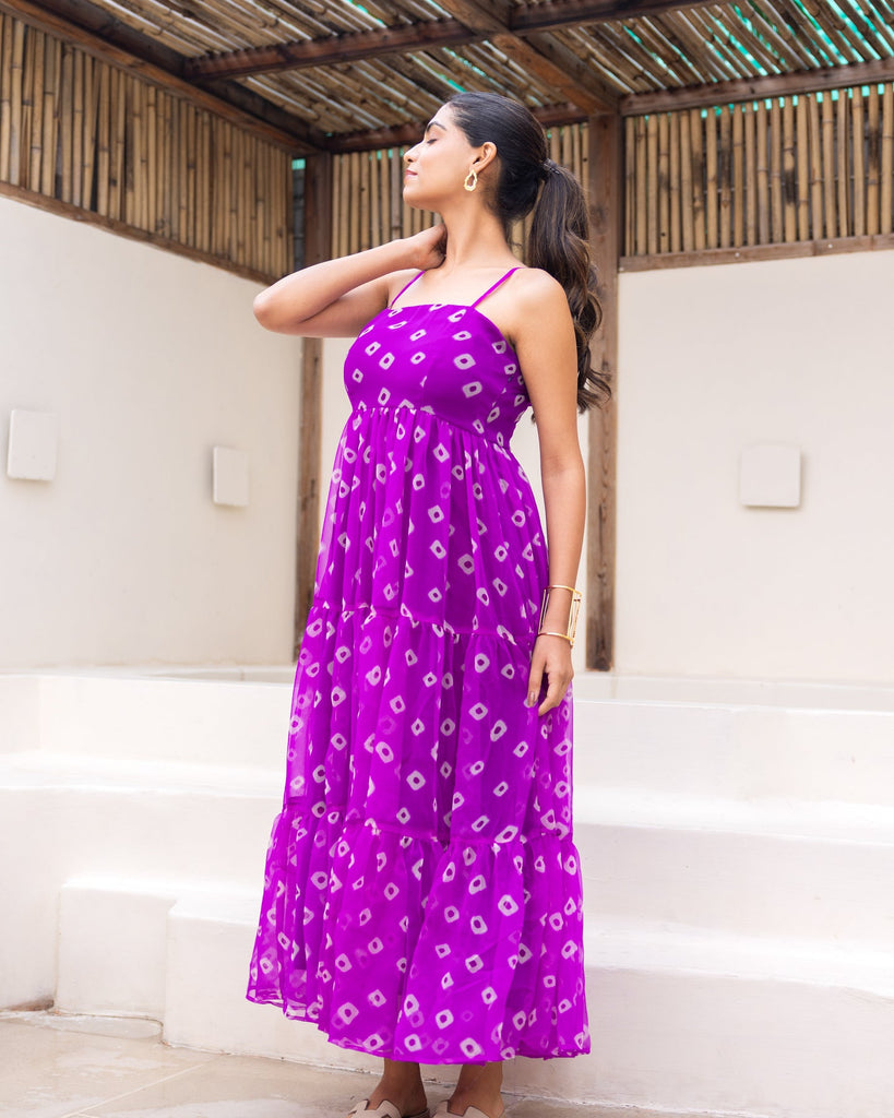 Women's Purple Chiffon Bandhej Print Long Gown