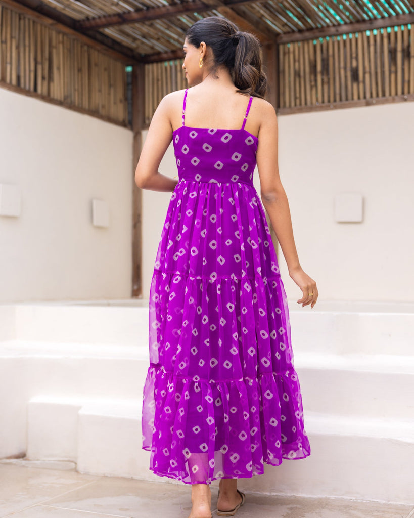 Women's Purple Chiffon Bandhej Print Long Gown