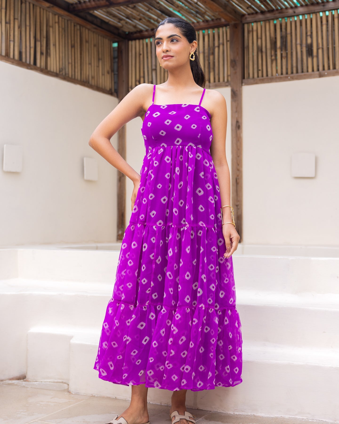Women's Purple Chiffon Bandhej Print Long Gown