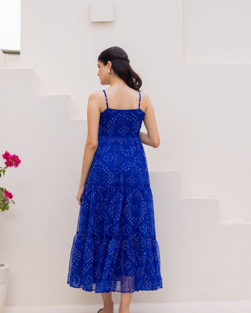 Women's Blue Chiffon Bandhej Print Long Gown