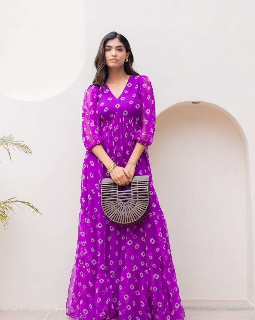 Women's Purple Chiffon Bandhej Print Long Gown