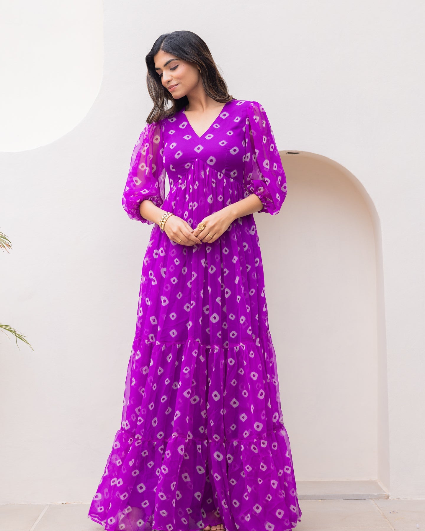 Women's Purple Chiffon Bandhej Print Long Gown