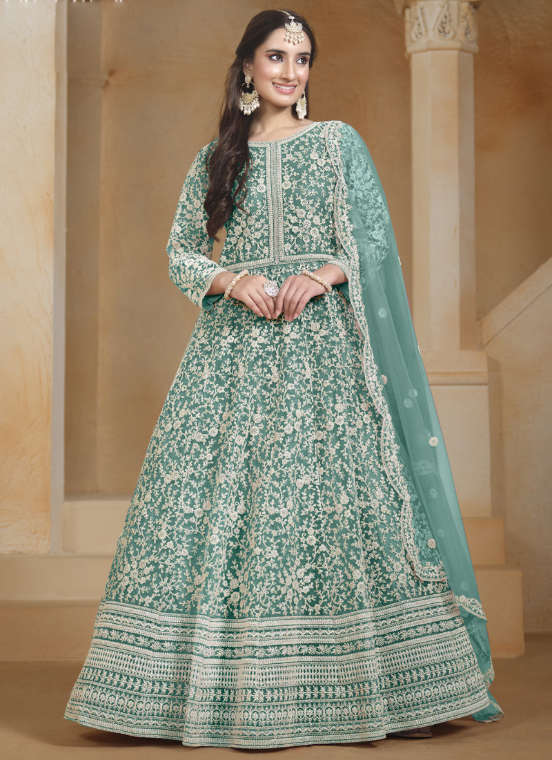 Women's Sea Green Net Embroidered Anarkali Suit | Trendia Global Women's Sea Green Net Embroidered Anarkali Suit | Trendia Global