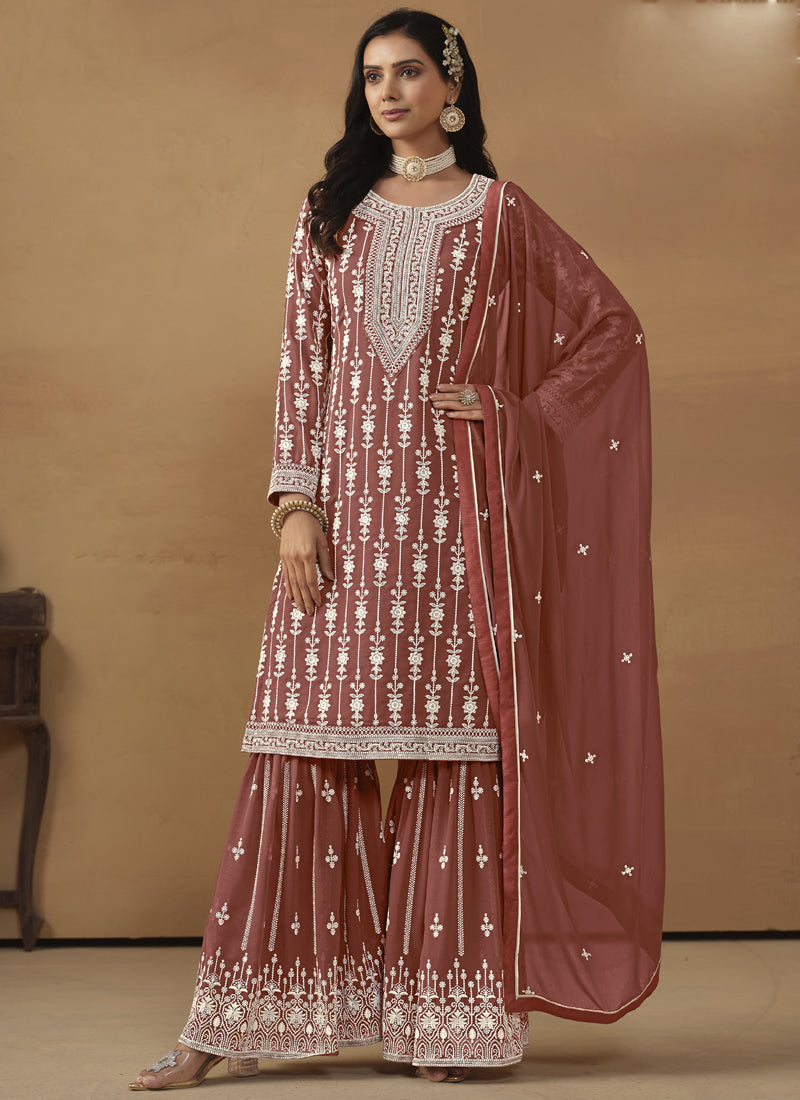 Women's Brown Georgette Embroidered Vegaa Fashions