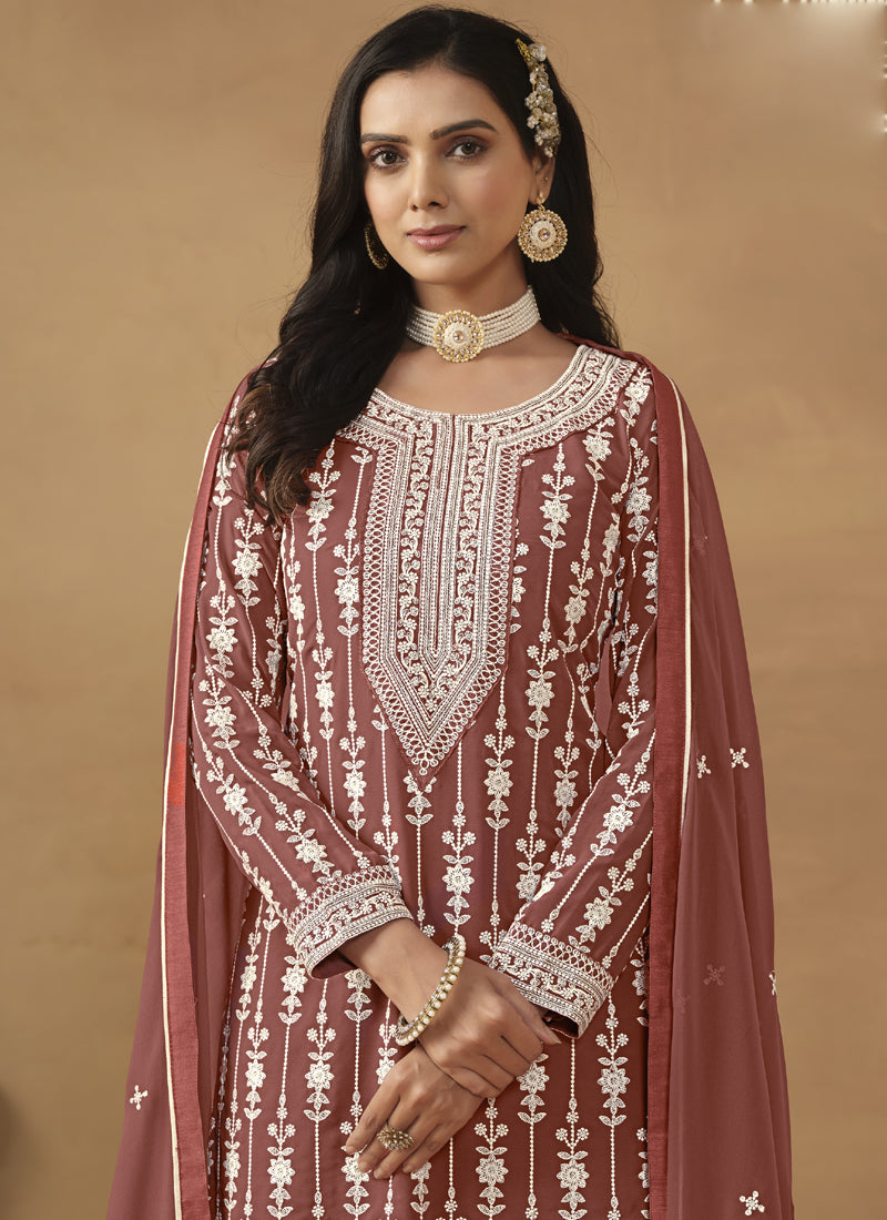 Women's Brown Georgette Embroidered Vegaa Fashions