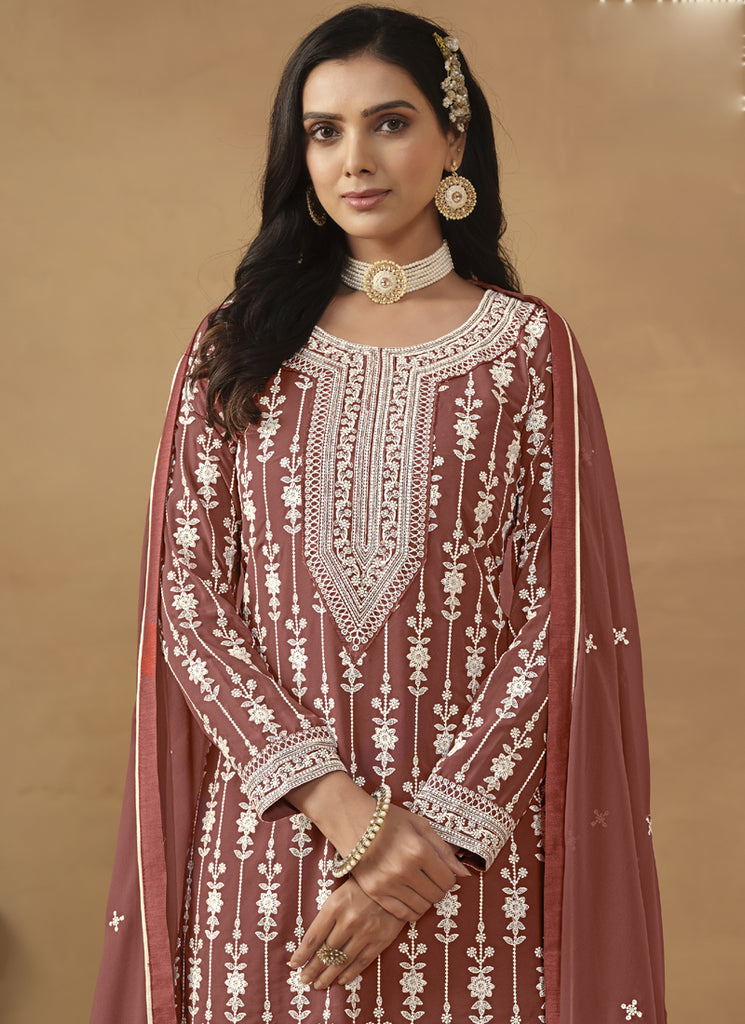 Women's Brown Georgette Embroidered
