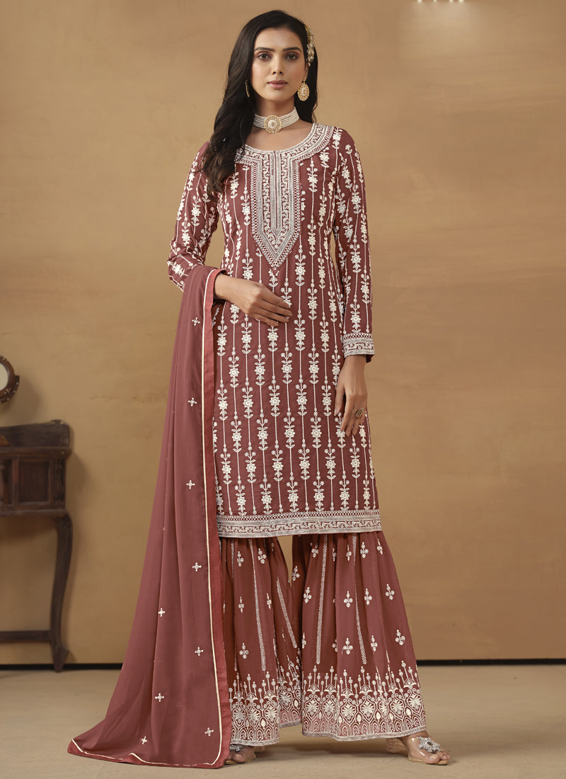 Women's Brown Georgette Embroidered Vegaa Fashions