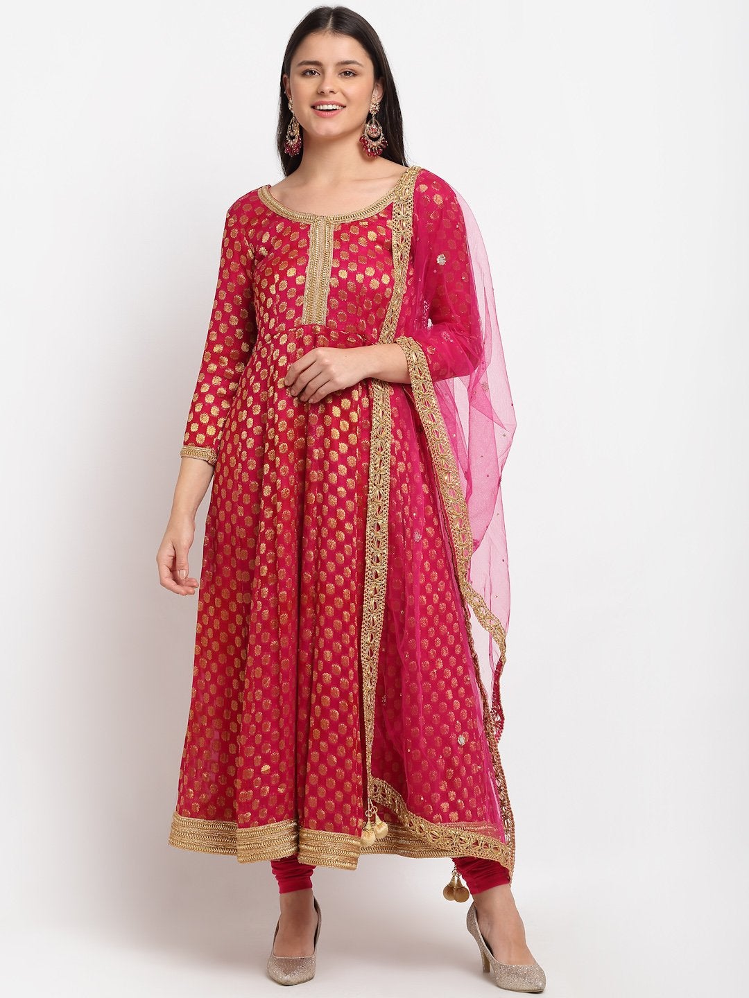Women Dark Pink Georgette Banarsi Anarkali With Leggings & Dupatta by Anokhera