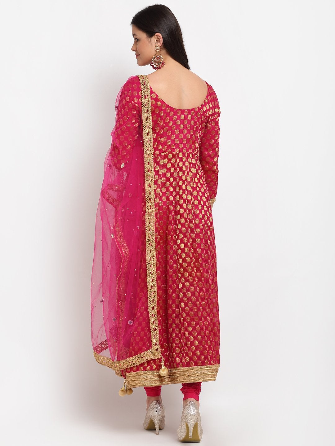 Women Dark Pink Georgette Banarsi Anarkali With Leggings & Dupatta by Anokhera