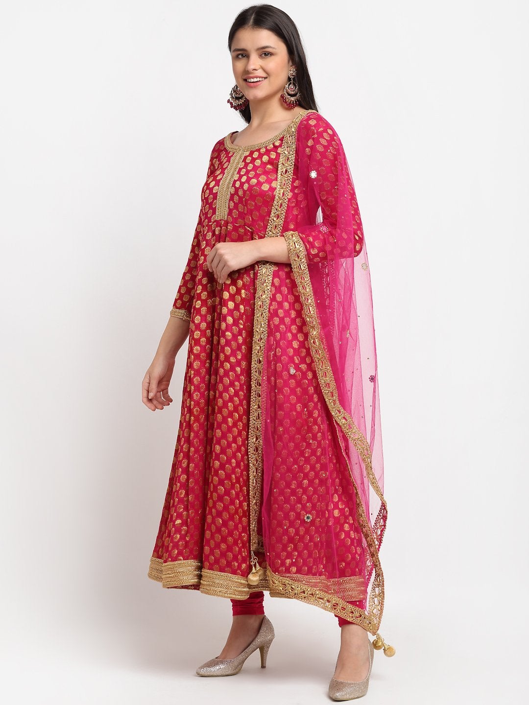 Women Dark Pink Georgette Banarsi Anarkali With Leggings & Dupatta by Anokhera