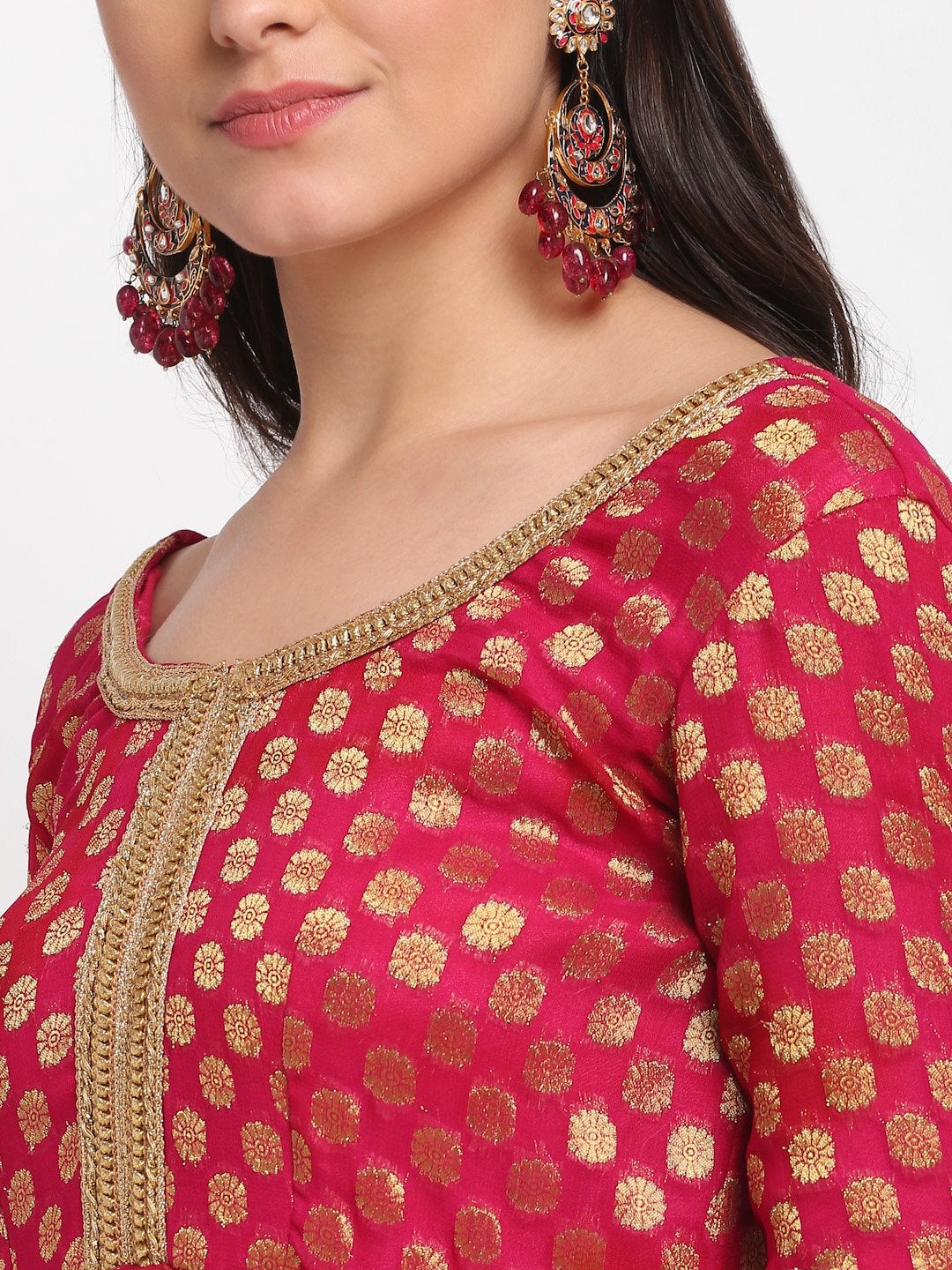 Women Dark Pink Georgette Banarsi Anarkali With Leggings & Dupatta by Anokhera