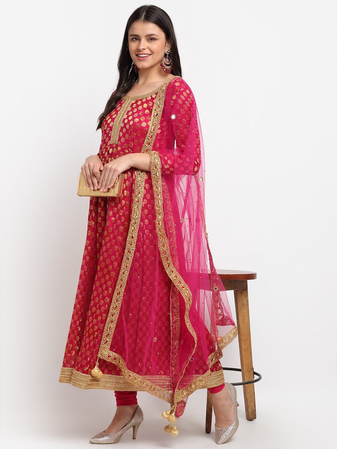 Women Dark Pink Georgette Banarsi Anarkali With Leggings & Dupatta by Anokhera