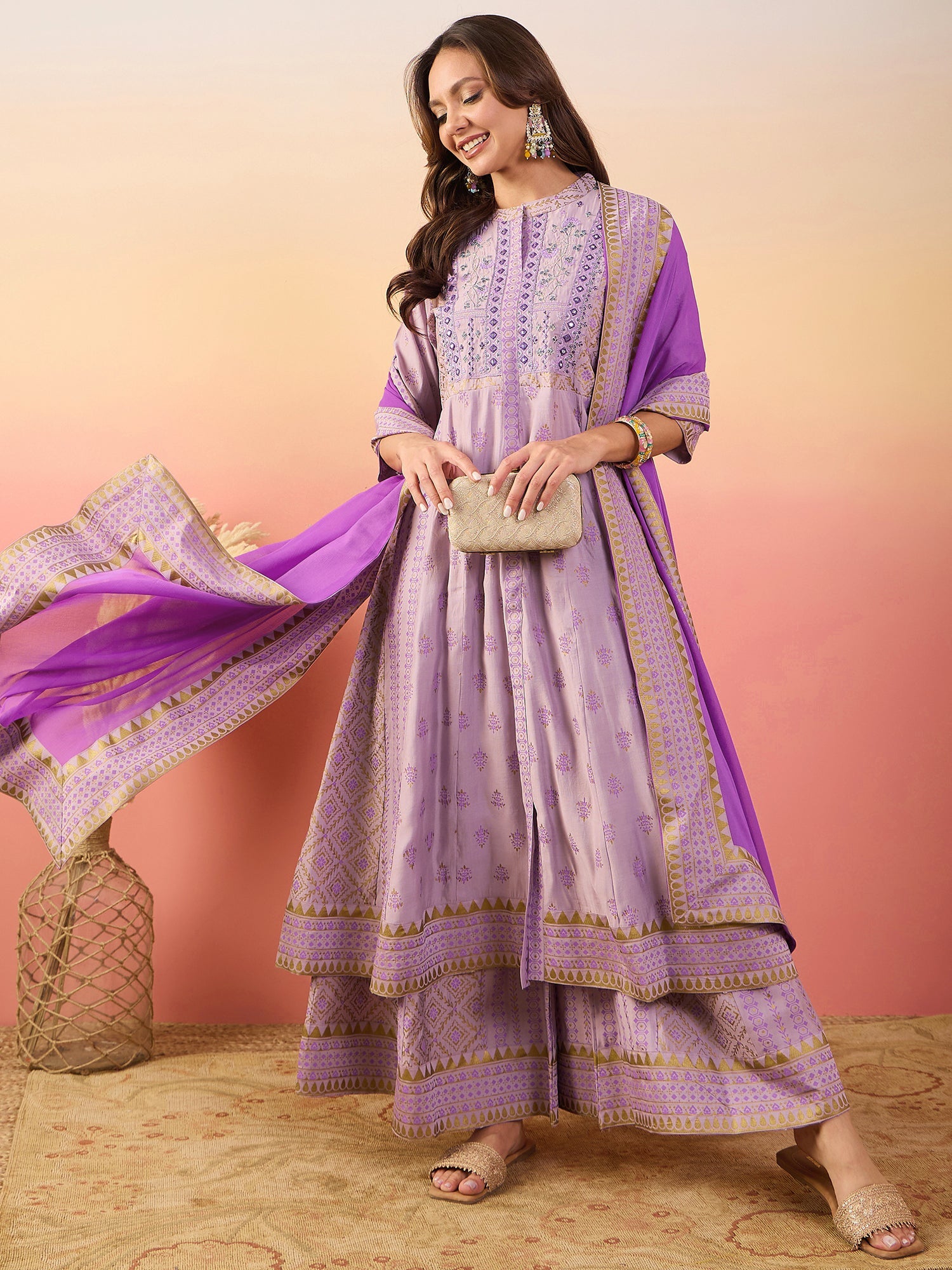 Women's Lavender Roman Silk Blend Ethnic Motifs Embroidered Mirror Work Kurta With Palazzo & Dupatta